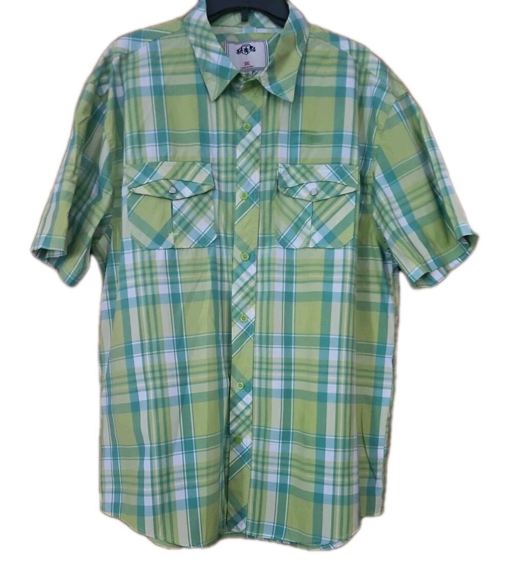 PJ Mark Western Shirt Mens Sz Green Plaid Pockets Pearl Buttons